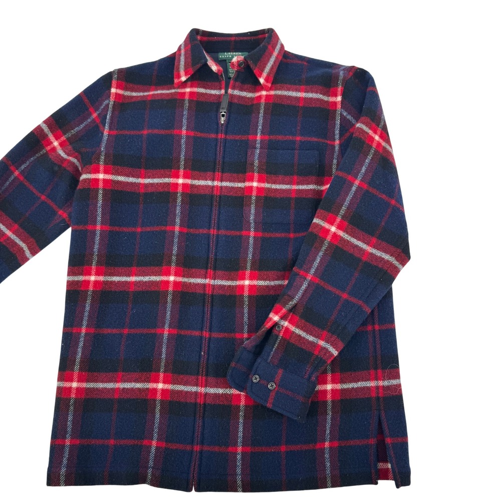 Lauren Ralph Lauren Wool Shirt Jacket Womens Small Navy Red Plaid Zip Up Shacket